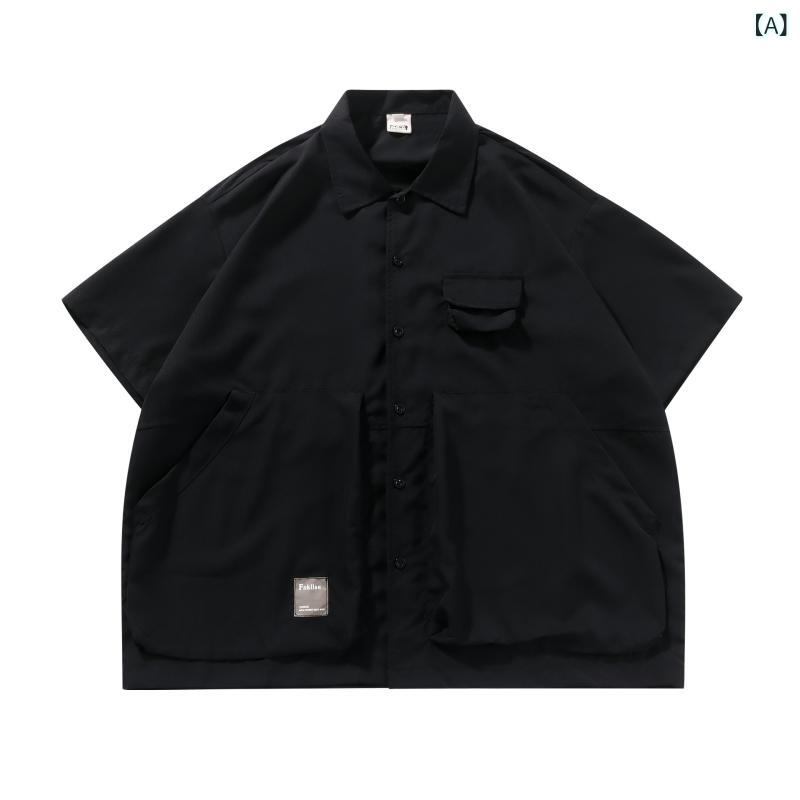 メンズ シャツ トップス 短袖 開襟 白色 黒 紺 グレー 綿混紡 防シワ 免? 夏 春夏 夏季 ゆったり ルーズ フィット 多ポケット デザイン 感性 少数派 トレンド シティボーイ スタイル 青春 流行 休? 日常 外出 通勤 軽量 通気性 速乾 機