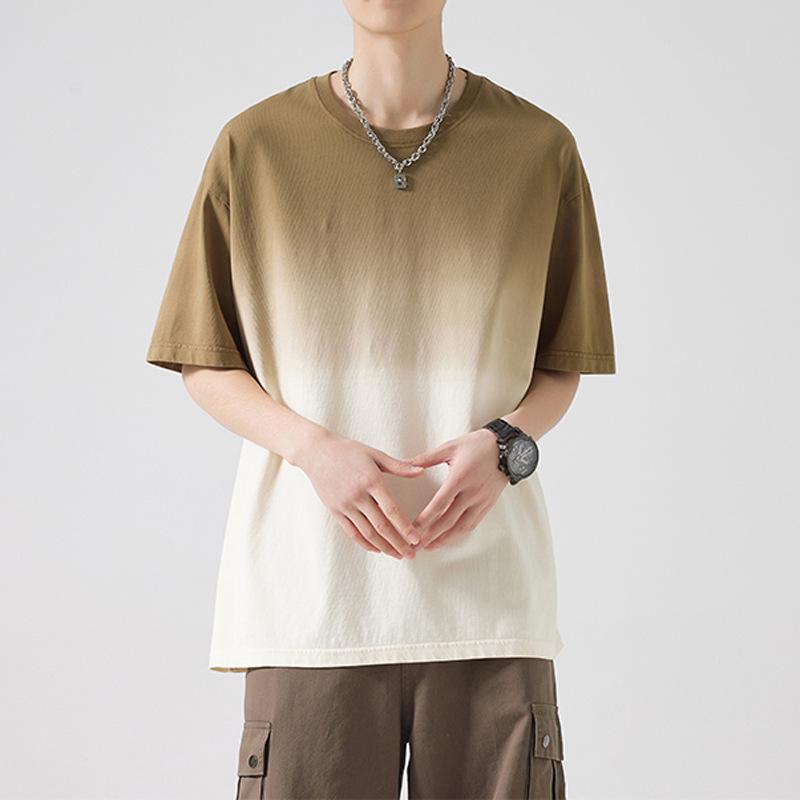 メンズ Tシャツ 短袖 綿 素材 夏 グラデーション カラー コーヒー 黒 ライトブルー 丸首 ゆったり シルエット 日常 着用 カジュアル スタイル 吸収性 速乾 機能 トレンド デザイン 百搭 コーディネート