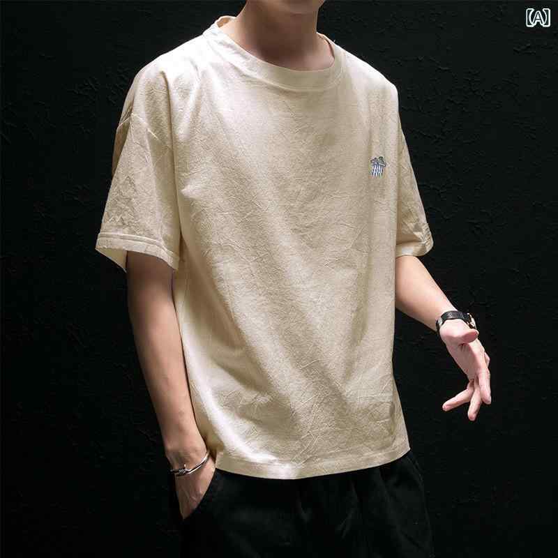 Tシャツ メンズ 短袖 綿麻 素材 丸首 ゆったり デザイン 吸湿速乾 機能 日常 使い シーン 白色 黒 コーヒー 色 夏 シーズン 刺繍 詳細 自然 風景 プリント 普通 厚さ 青年 向け 5分袖 タイプ 無帽 スタイル セット 頭 着用 広松 シル