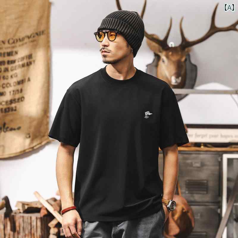 メンズ Tシャツ 短袖 夏用 接触冷感 桑蚕糸 ライセル 綿混紡 黒 白 ゆったり 落肩袖 丸首 印花 刺繍 抗菌 薄手 軽量 通気性 運動 普段使い 青春 カジュアル トップス 上着