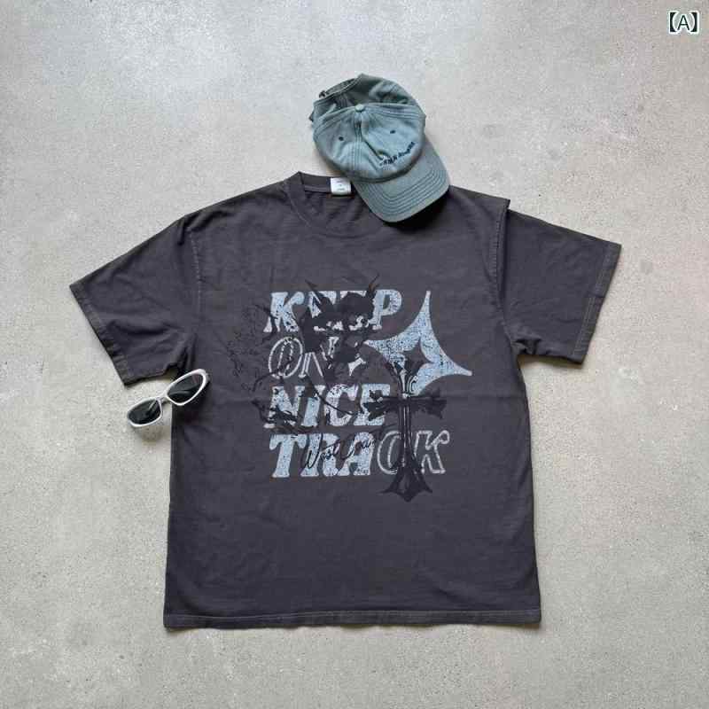 メンズ Tシャツ 短袖 綿100 印花柄 落肩袖 ルーズフィット 黒 日常 春夏 ティーンエイジャー向け 欧米ストリート セットアップなし