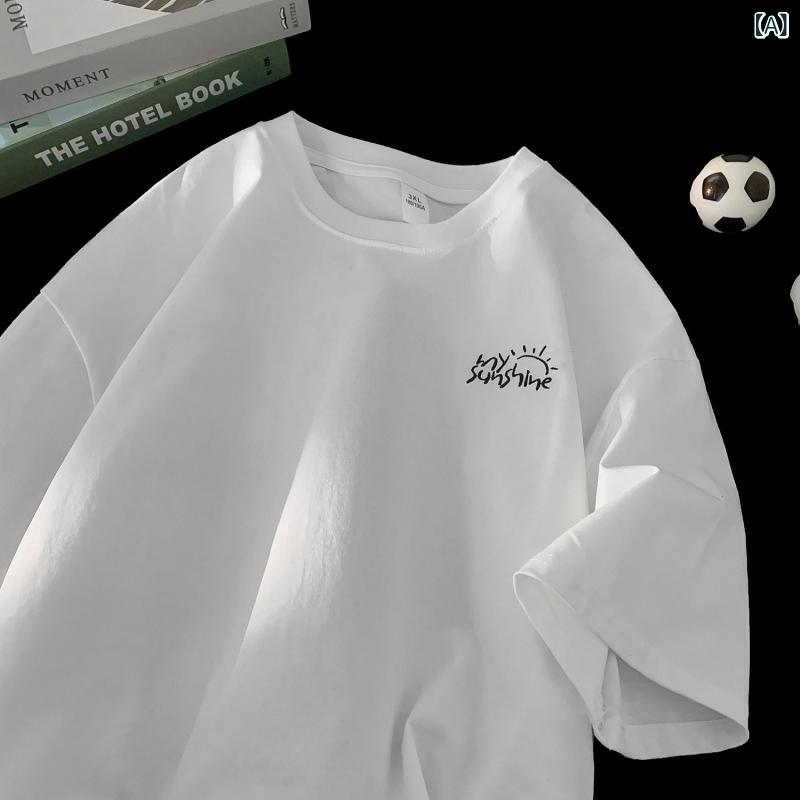 メンズ Tシャツ 短袖 綿 素材 透気性 シンプル デザイン 丸首 ゆったり シルエット 日常 着用 夏 向け 青少年 向け 文字 プリント 白色 黒 ・柑其色 コーヒー色