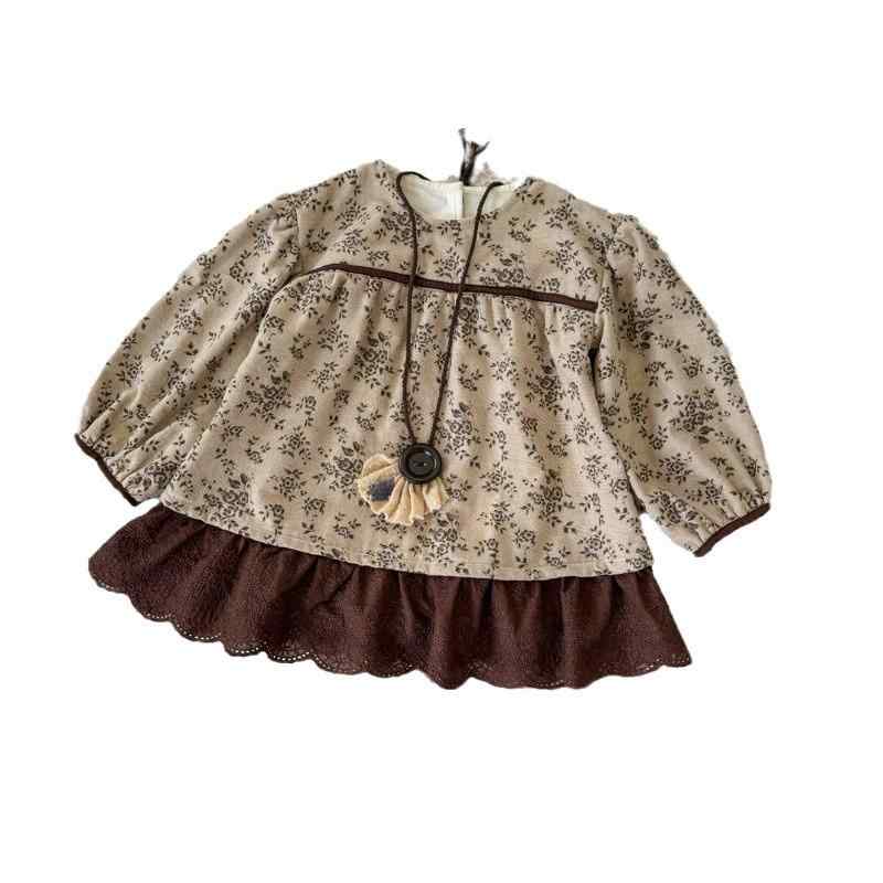 女の子 ワンピース 秋冬 長袖 コットン フレアスカート 蕾絲 花柄 裏起毛 暖か かわいい 子供服 日常使い 女児 ドレス 花びら柄 コットン98% 冬用 3-8歳 100-140cm コーヒー フレア スカート 花柄ワンピース 暖かワンピース 女の子