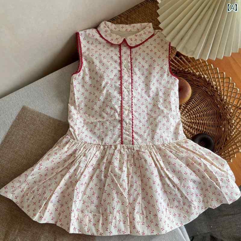 2026 年 夏の 新作 女の子 用 ワンピース、 おしゃれな 花 柄、 可愛い 襟 付き、 ノースリーブ、 快適な 着心地。