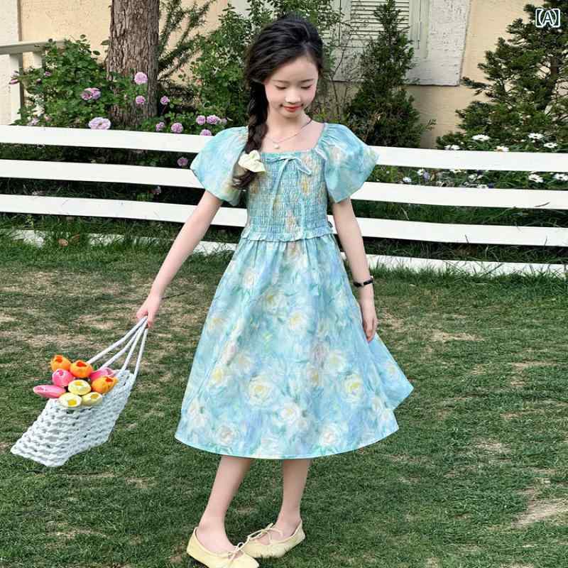 女の子の 森 ドレス 2025 新しい 夏の 女の子の 美しい 花 柄 スカート 子供の 夏の パフスリーブスカート