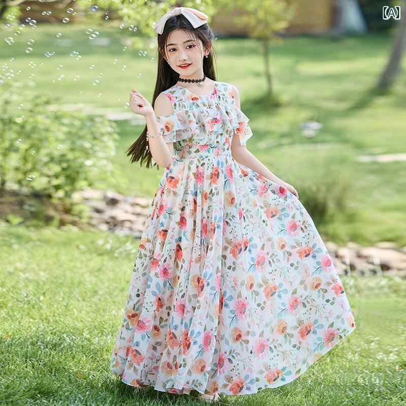 女の子 ドレス 夏 薄い スタイル 2025 新しい 子供の 花 柄 プリンセス ドレス 女の子 スカートロングウエスト