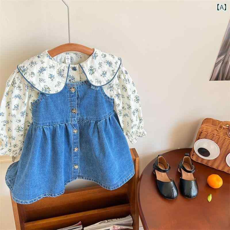 女の子 用 ワンピース 春 服 2025 女児 用 花 柄 シャツ 韓国 風 デニムサスペンダースカート ツーピース セット A ライン スカート