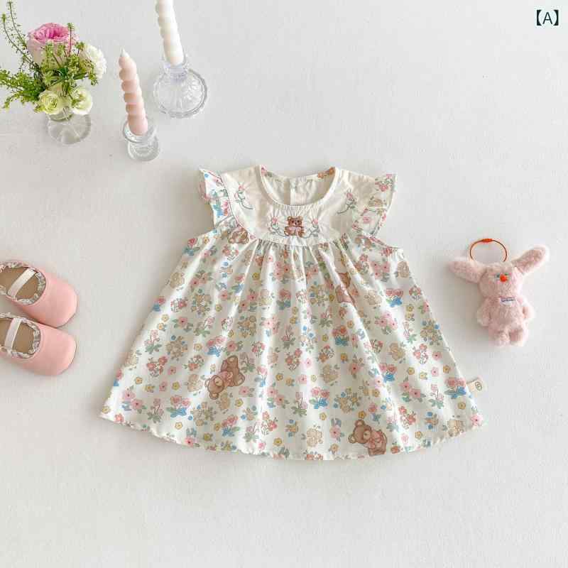 女の子の 花の ワンピース 2025の 新型の 夏の 赤ちゃんの 洋 気 刺繍の 熊の 王女の スカートの 湿って いる 赤ちゃんのお 尻の 服