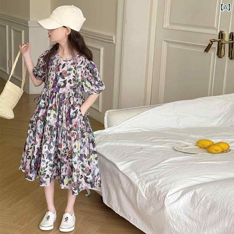 女の子の 紫色の 花の ワンピース 2025の 新型の 大きい 子供の 王女の スカートの 小さい 女の子の 長い スカートの 薄い 金の 花の スカート