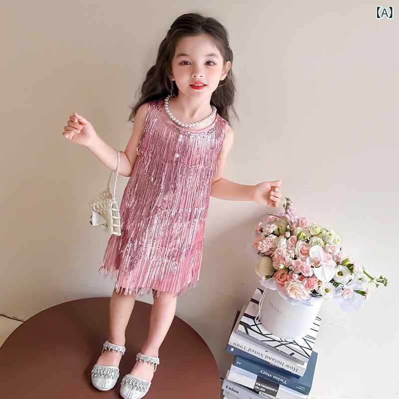 女の子の 夏の お姫様の スカートの 夏服の 2025 新型の 子供の 洋 気の フリンジチョッキの ワンピースの 甘い 蓬 蓬の ドレス