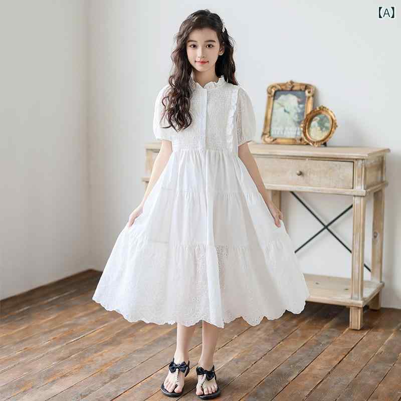 女の子の ワンピースの 夏の 高級 感の ある 木の 耳の 襟は スカートの 2024の 新型の 大きい 子供の 洋 気の 王女の スカートを 加工 します。
