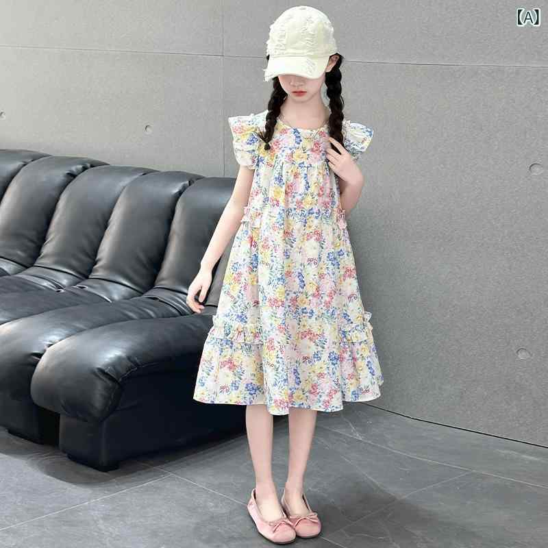 女の子の 森の 花 柄 ドレス 2025 夏の 新しい フライングスリーブベストドレス 少女 甘い 綿 スカートトレンディな