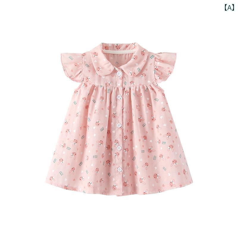 女の子 用 ワンピース 2026 夏 新作 子供 用 プリンセス ドレス シャツ ピンクの うさぎ 柄 花 柄 ワンピース 幼児・ 小児 向け