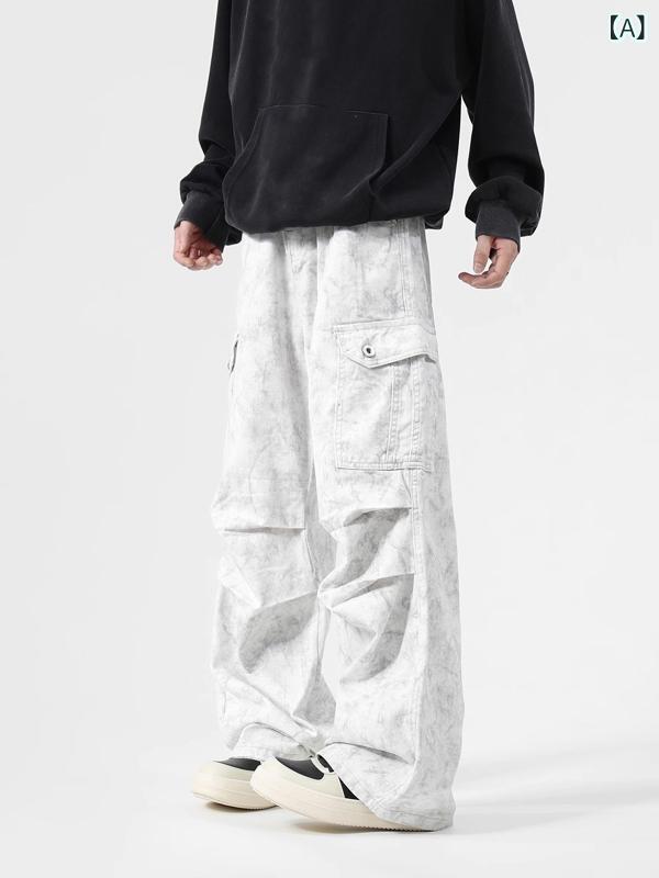 アメリカンレトロな 白い パラシュートオーバーオールメンズ 秋冬 トレンディブランド ootd ルーズストレートワイドレッグロギングパンツ 男性 用