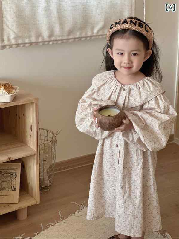 女の子の 花の ワンピース 2024 春秋の 新型の 韓国 版の 子供の 子供の 襟の 王女の スカートの 赤ちゃんの 綿の 長い スカート