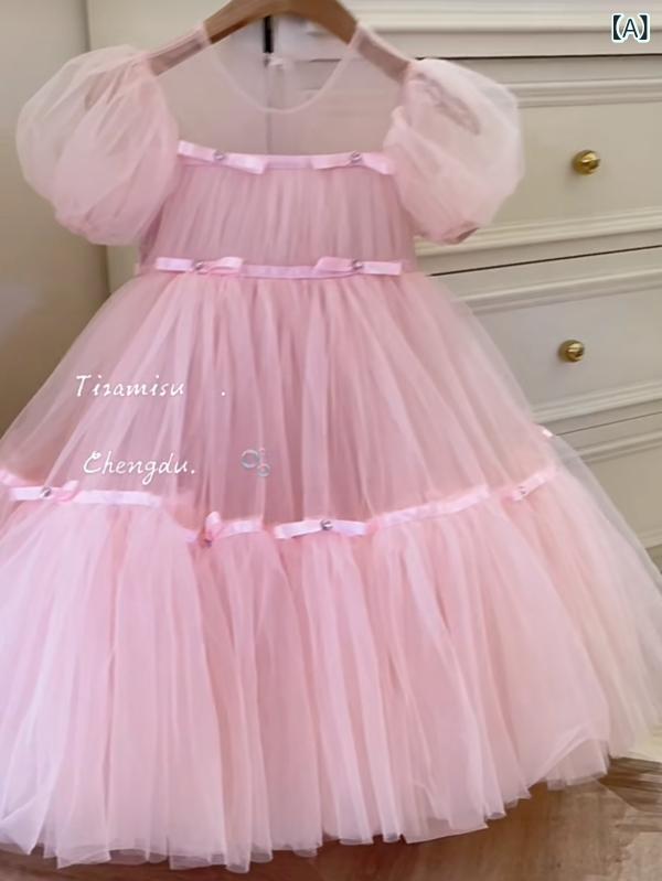 2025 韓国 子供 服 女の子 ピンク ドレス 春 夏 スタイル 子供の 高級 1 歳 パフォーマンスドレスメッシュ