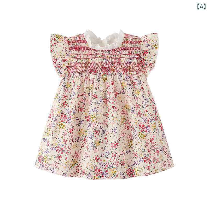 女の子の ワンピース 2025 夏の ピンクの ロマンチックな 花の 子供の 王女の スカートの 小さい 清新な レースの 袖 なしの スカート