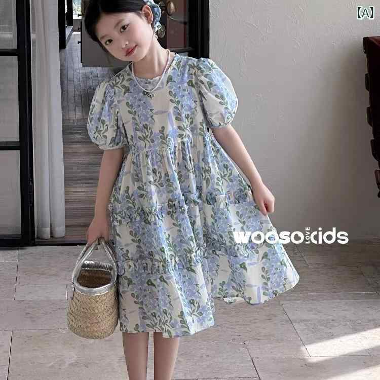 女の子 パフスリーブドレス 夏 2025 新しい スタイル 子供 花 柄 スカート 少女 サマードレスプリンセスドレス