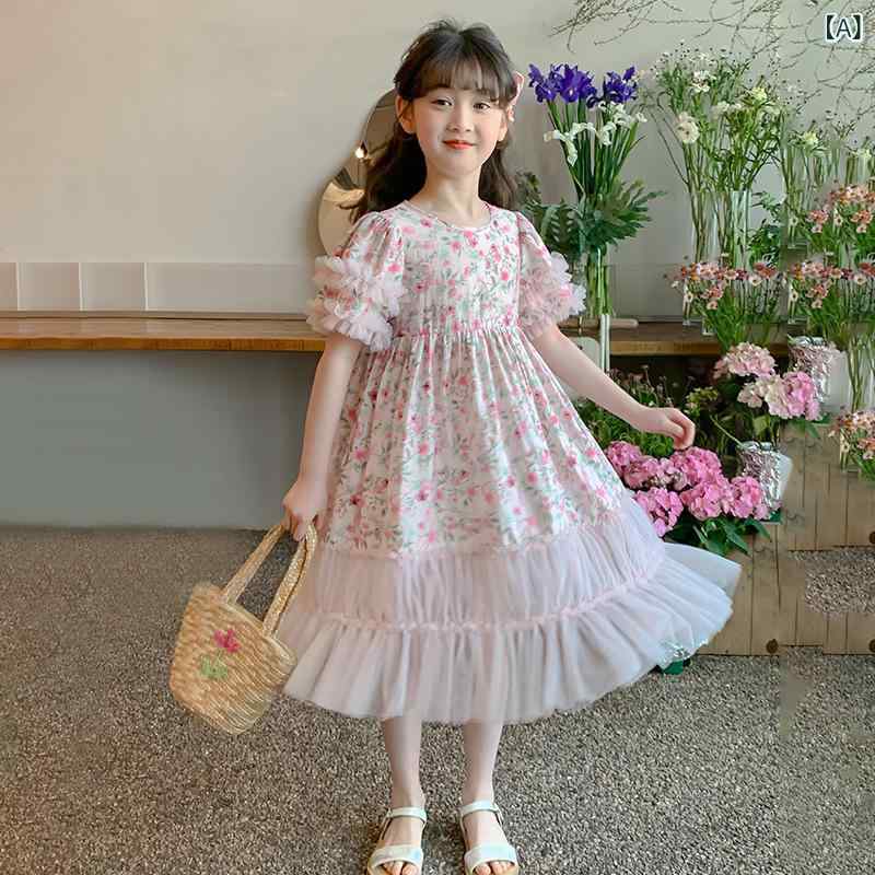 夏の 女の子 半袖 ワンピース 子供 服 子供 用 洋 気 女の子 砕花 泡 袖 ガーゼドレスプリンセスドレスドレス