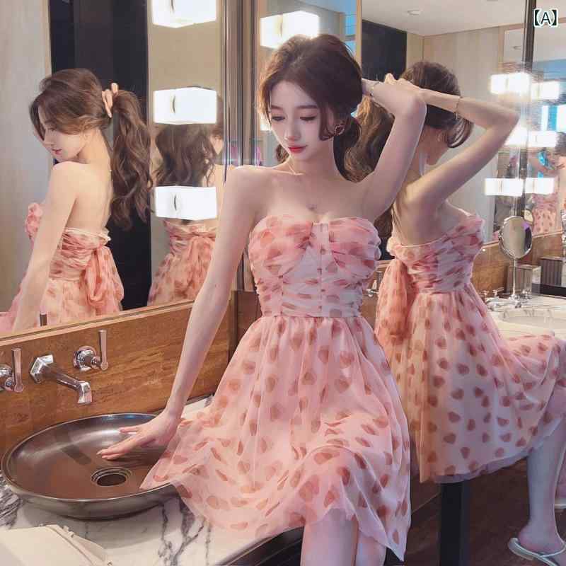 2024 夏の新 商品の 甘くて セクシーな 胸の ワンピースの ピンクの プリントの 大きい 振り子の a 字の 蓬の スカートの 3 層の スカートの 振り子 5,124円