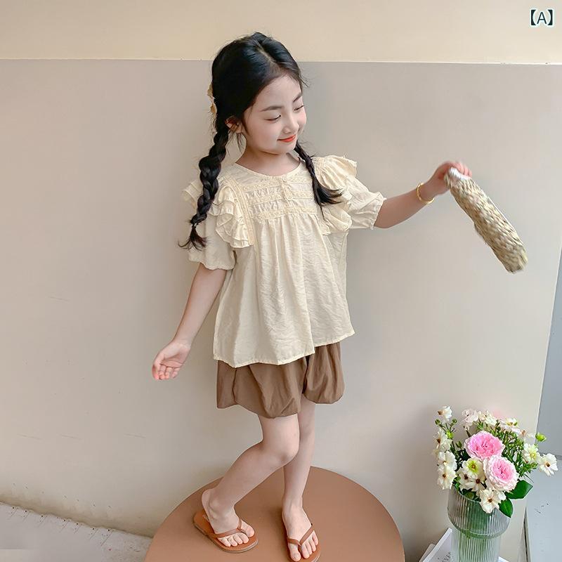 女の子 用 シャツ 夏服 2026 年 新作 韓国 風 女の子 用 フリル 袖 シャツ 夏 用 子供 用 おしゃれ ドール シャツ