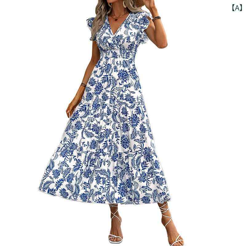 アマゾンの 夏の 新型の 女性の 花の v ネックの ワンピースの ボヘミアン 風は 腰を 収めて 層を 分けて 花の 長い スカートを 砕きます。