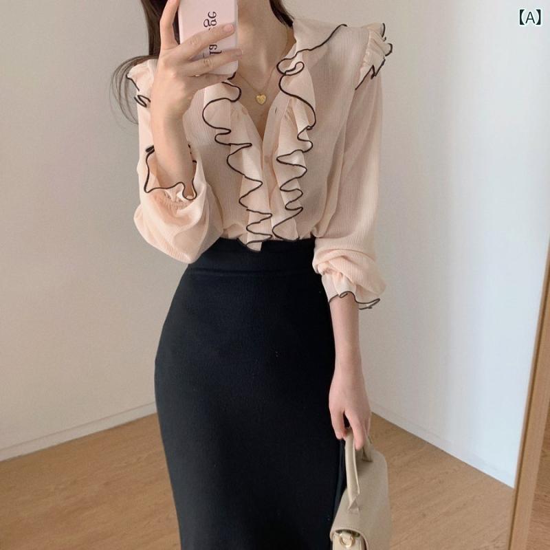 現物 気質 v ネックの 甘い ハスの 葉の 縁の 色 合わせの シャツの 女性 レースの シャツ / シフォンの シャツ
