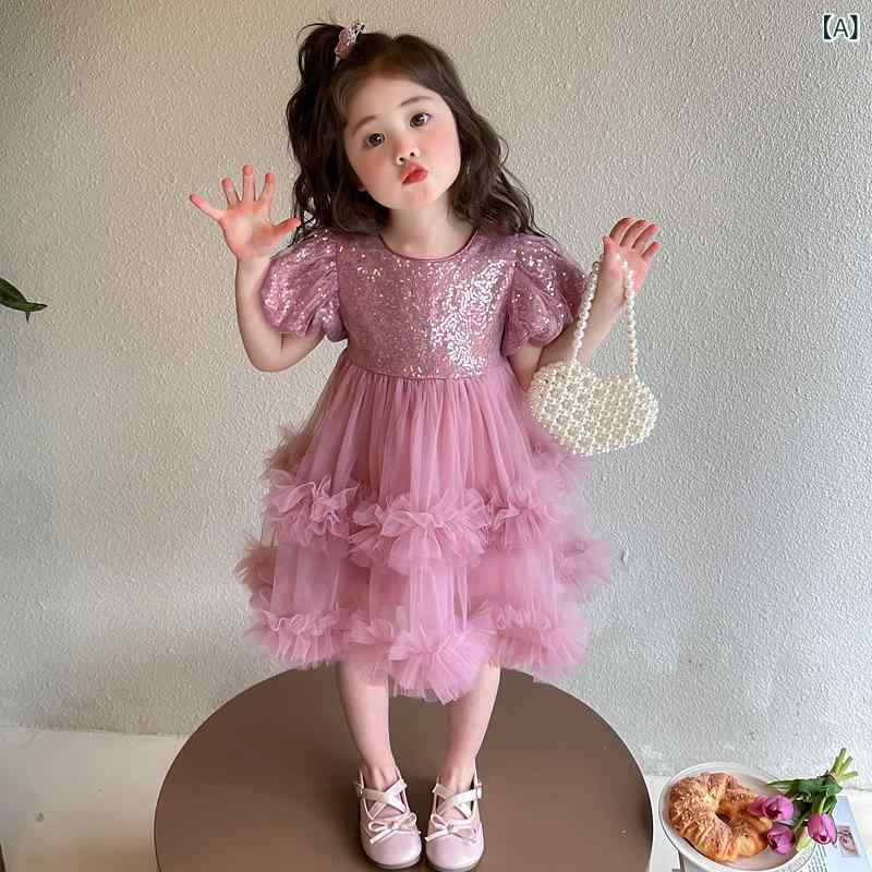女の子 バブル 袖 ワンピース 夏 2025 新型 子供 スパンコール プリンセス 糸 スカート 赤ちゃん 夏服 ドレス スカート