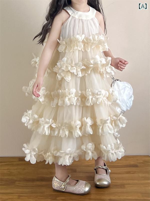 2026 年 夏 新作 韓国 風 ちびっ子 服 お嬢さん 用 ホルターネックフラワーレイヤードケーキドレス 生まれ落ちる 日用 メッシュ 高閣 型 御召しもの