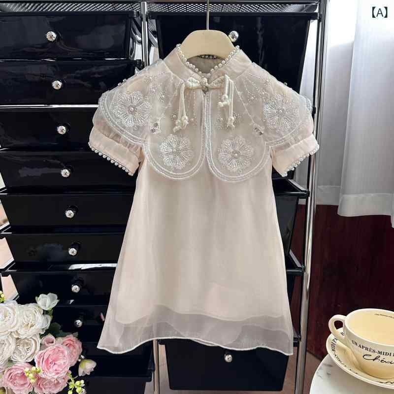 6529 女の子 ドレス 夏 子供 チャイナドレスプリンセスドレス 2023 新しい 洋 気 云 肩 スカート 女の子
