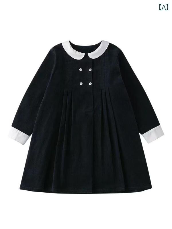 子供 服 2024 秋と 冬の 新しい 女の子と 子供の 純粋な 綿の 対照 的な 色の レ トロな 人形の 襟 ストレート 長袖 ドレス