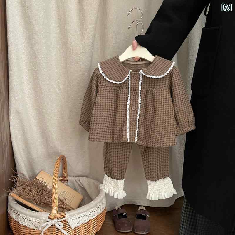 韓国 系の 女の子の 森 系の 春の スーツの 洋 気の 赤ちゃんの 新型の 子供の 襟の カーディガンの 秋の 子供の 色 合わせの レースの ズボン