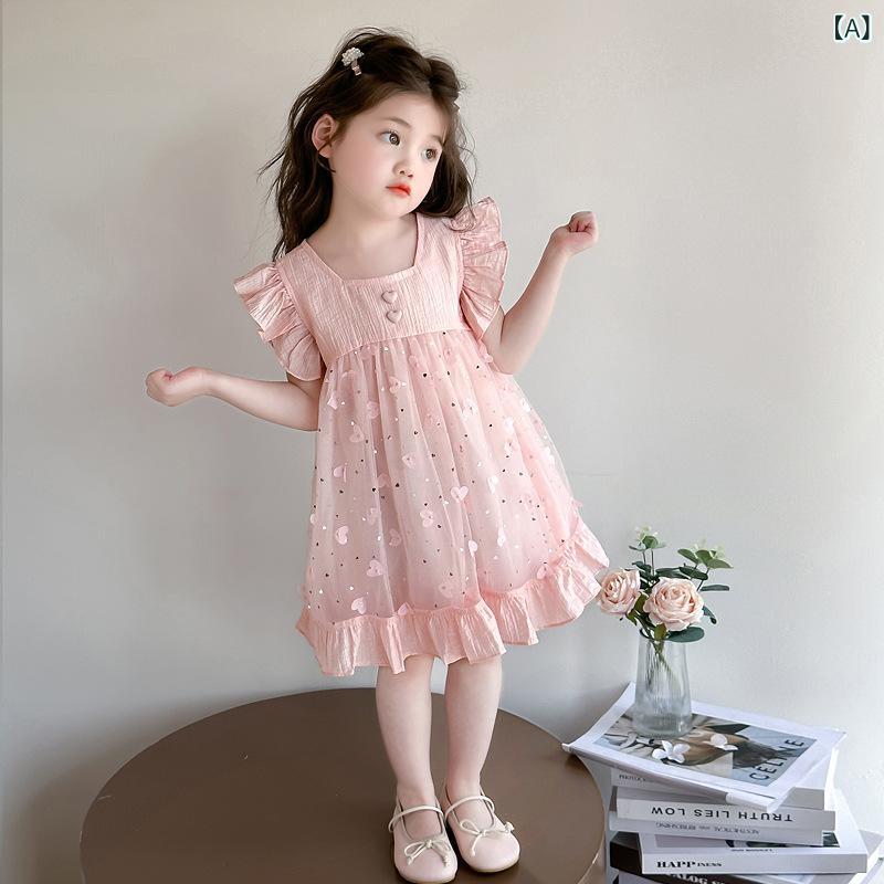 女の子 用 ハート 型 スパンコール 付き メッシュ ドレス、 子供 用 おしゃれな 女の子 用 プリンセス ドレス、 中小 児 用 夏服