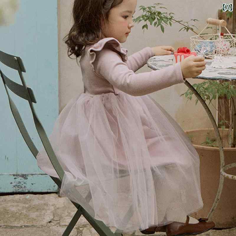 2026 年 春の 女の子 用 衣料、 メッシュを 組み合わせた 漢 服 風 ワンピース、 子供 用 厚手 スカート、 ミドル 丈