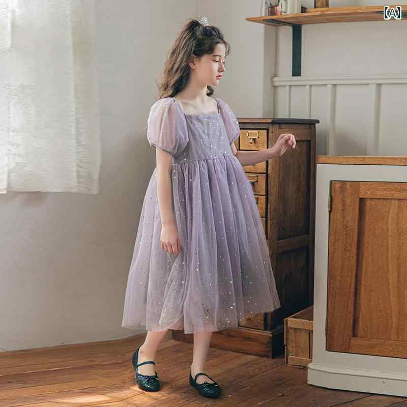 女の子 レース ドレス 夏 スタイルクロスボーダー 子供 用 パフ スリーブ ふわふわ メッシュ ウェディング ドレスプリンセスドレスドロップシッピング