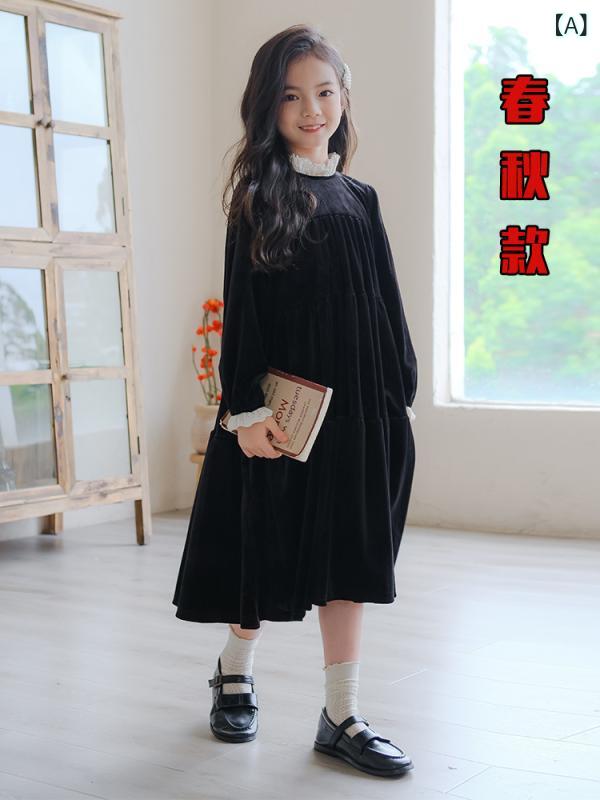 女の子の 黒い ベルベットの ワンピース 2024 秋冬の 子供の 洋風 長袖の 衝突 色の レースの ベルベットの ケーキの スカート