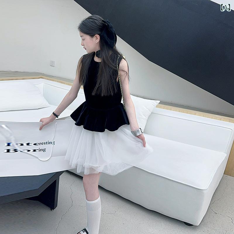 2025 女の子の 夏の バレエの スカートの 千金の 王女の 風の ベルベットは ネットの 糸の 袖 なしの ベストの ワンピースの 蓬 蓬の スカートを つなぎます。