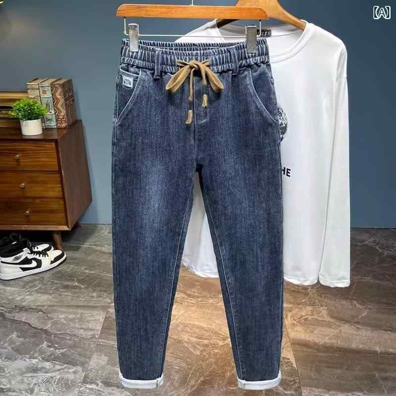 夏季 松 ?腰 ?? 牛 仔? 男 ?松 ?力 小 脚 柔 ?抽 ? 百搭春秋休?哈??