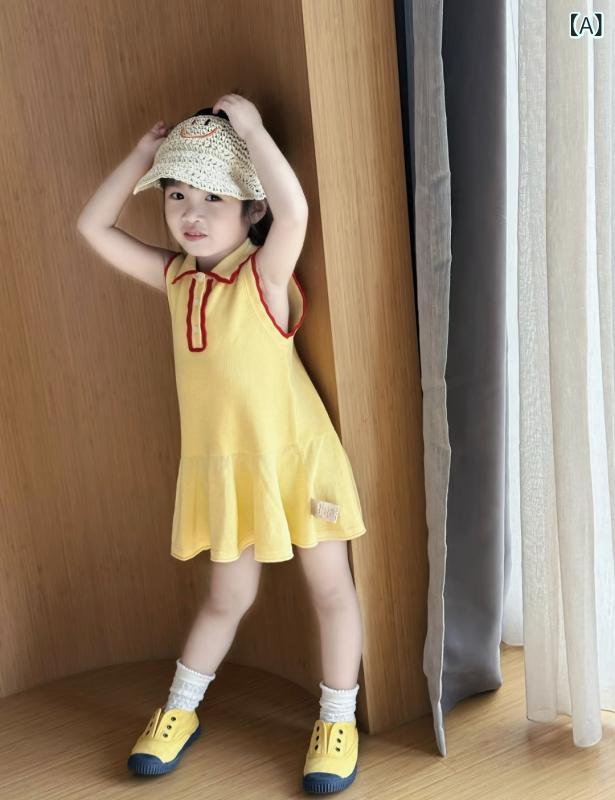 韓国 子供 服 2025 夏の 新しい 女の子の ドレス小さな 女の子 ファッショナブルな 対照 的な 色 半袖 ポ ロス カート