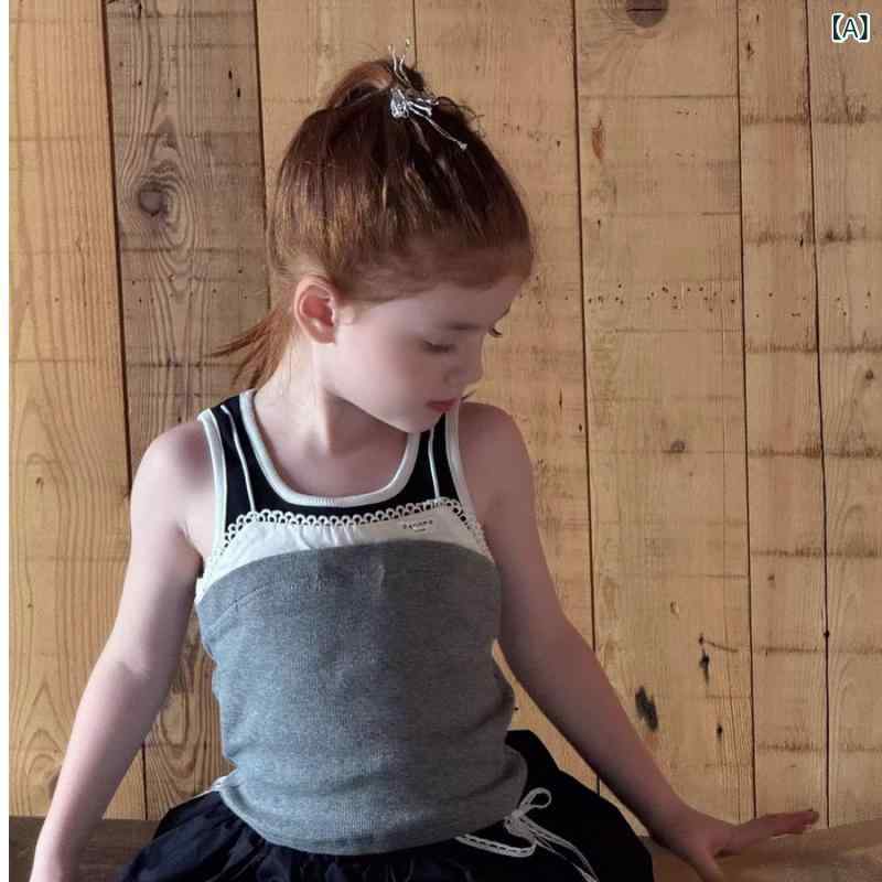 女の子 サマー スーツ ミ ュウ ガール ズス タイルフェイクツーピースカラーブロックキャミソール 子供 レースフラワースカートトレンディ