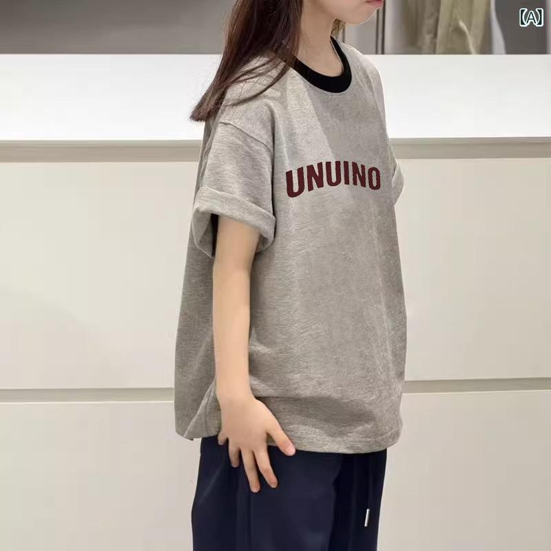 韓国 子供 服 女の子 カジュアルコントラストカラー 半袖 夏服 新しい 中型および 大型 子供 ルーズレトロ 半袖 Tシャツ トップ
