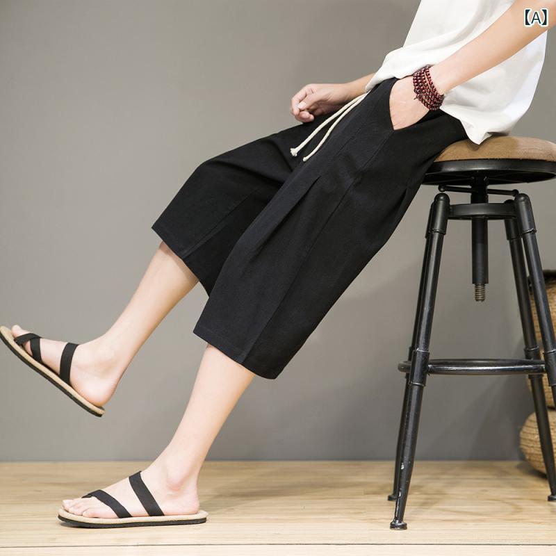 2025 新しい 夏の メンズ コットンと リネン 中国 風 ルーズハーレムクロップドパンツ 日本 大きい サイズファッションカジュアルストレートパンツ