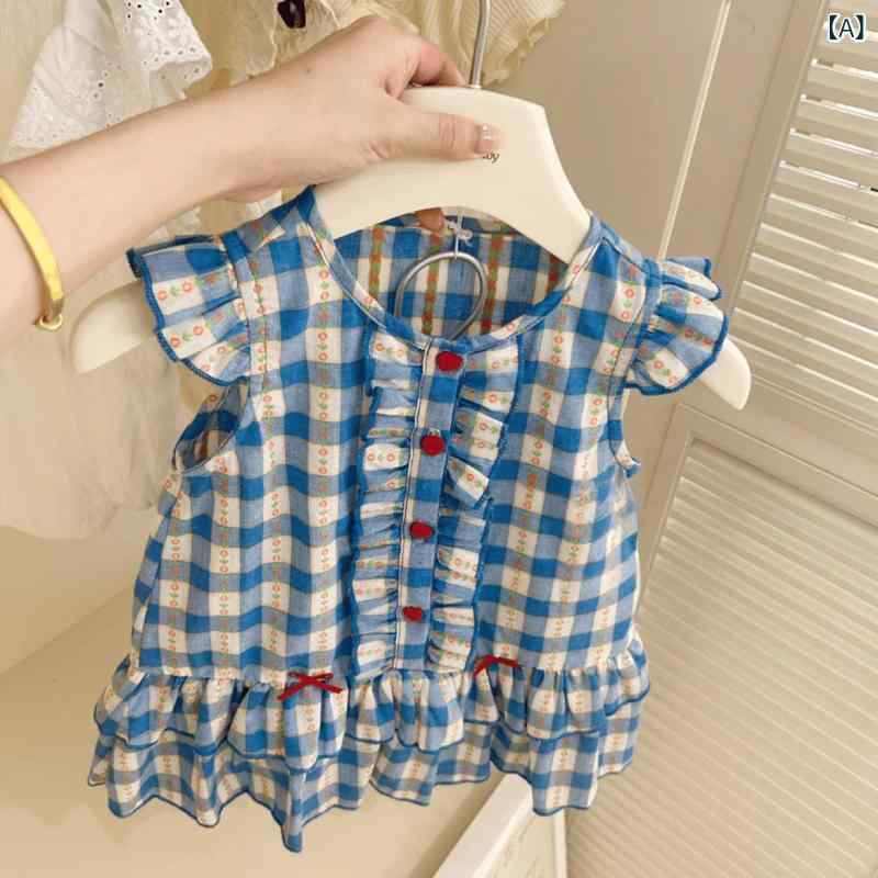 韓国 子供 服 女の子 ドレス 2025 新しい 夏服 子供 ベビー小さな 新鮮な カラーブロックブルーチェック 柄 ベスト ドレス