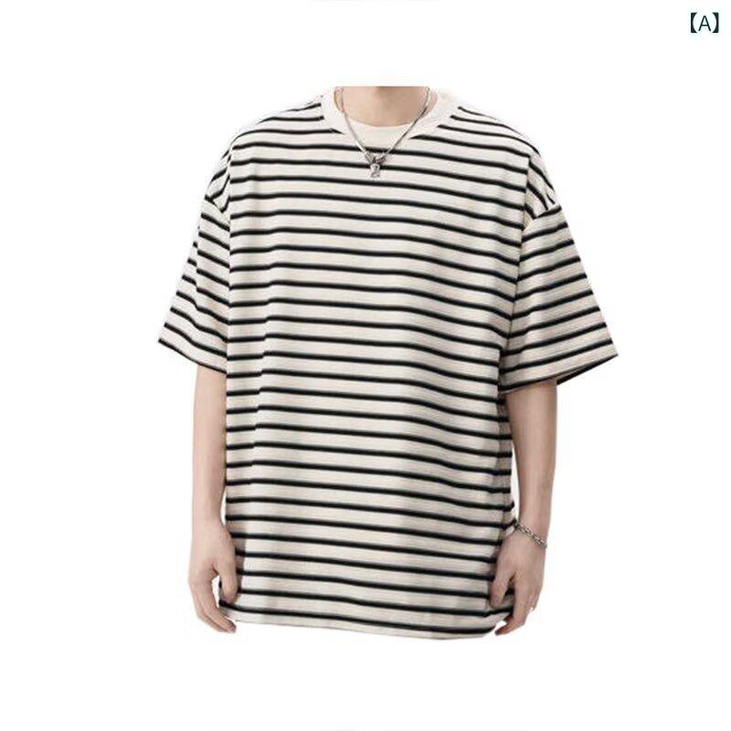 ファッショナブルな 弾性 ラウンドネックストライプ Tシャツ メンズ 半袖 夏の 新しい抗 シワクールルーズ 半袖 トップ カップル スタイル