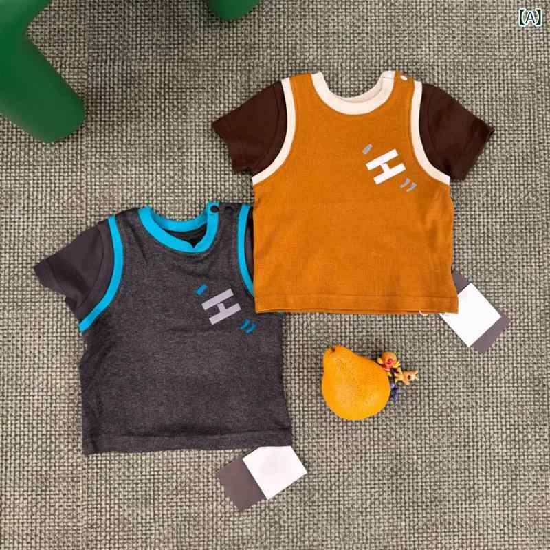 男の子 半袖 Tシャツ 子供 夏服 2025 新作 薄手 カジュアルファッショントップス 女の 赤ちゃん偽 ツーピース 服 3