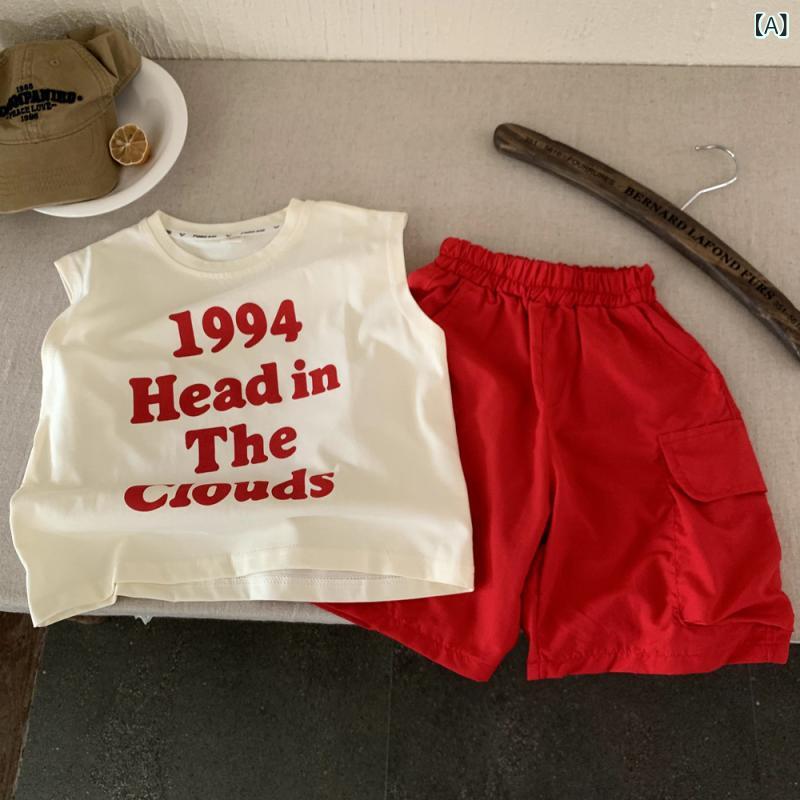 男の子の 夏の アルファベットの 純綿の 子供の ベストの 袖 なしの 新型の 中で 大きい 子供 服の 韓国 版の ゆったり して いる 肩の t シャツの 上着