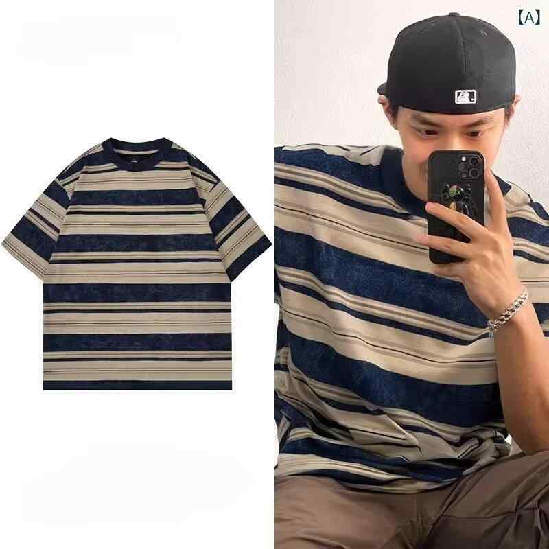 全国 トレンドレトロ 新作 イン 純綿 半袖 Tシャツ メンズ 夏 カレッジ スタイル ストライプデザインラウンドネックカップルトップ