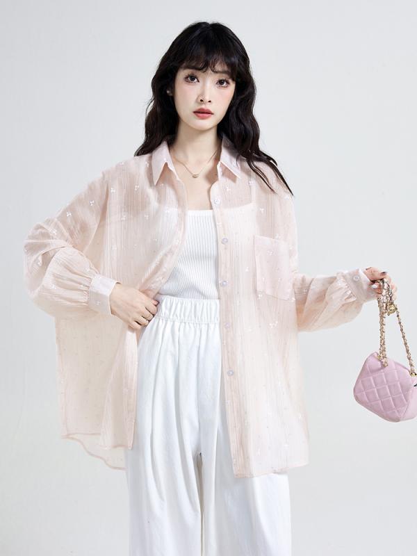 シャツ レディース 夏季 薄手 清新 刺繍 防晒 韓国風 ゆったり 長袖 シャツ ジャケット トップス 涼しい 花柄 透け感 ボタン ポリエステル 甘め かわいい 白色 ピンク 黄色 ブルー