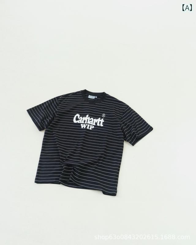 オリジナル 品質 Carha @ Carha 大文字 プリントロゴストライプラウンドネックルーズ 半袖 T シャツ 男性と 女性 用