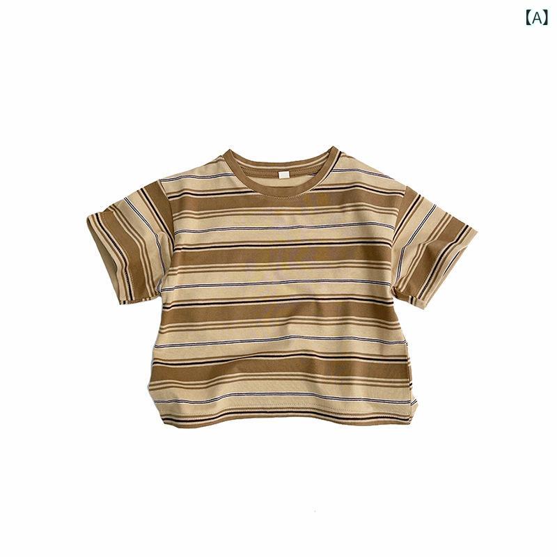 韓国 風 コントラスト カラー 半袖 ストライプ Tシャツ、 男の子と 女の子 向け、 夏 用、 森 系、 シンプルで 万能な Tシャツ、 中小 児 向け カジュアル ウェア